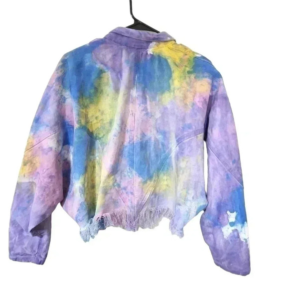 Vintage Fringe Denim Cropped Tie-Dye Jacket - Size Medium - Picture 3 of 13